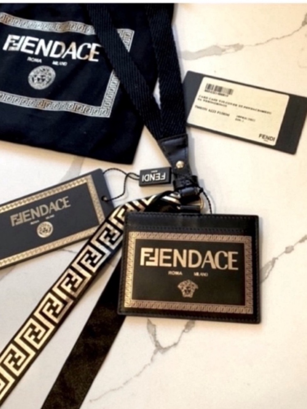 Fendi x Versace Collab Fendace NEW Leather Card Case Lanyard Ribbon Set Black